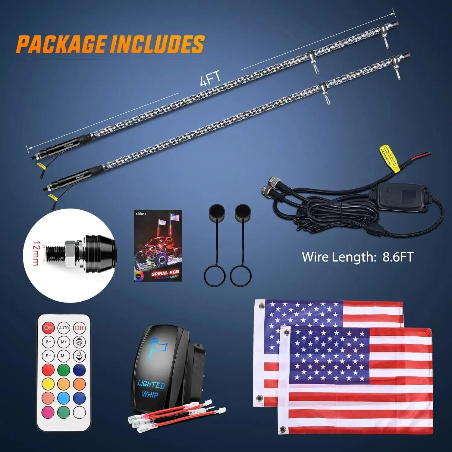 2Pcs 4FT Spiral Antenna Led Whip Light RF Remote Control | 8.6FT Wire 5Pin Switch