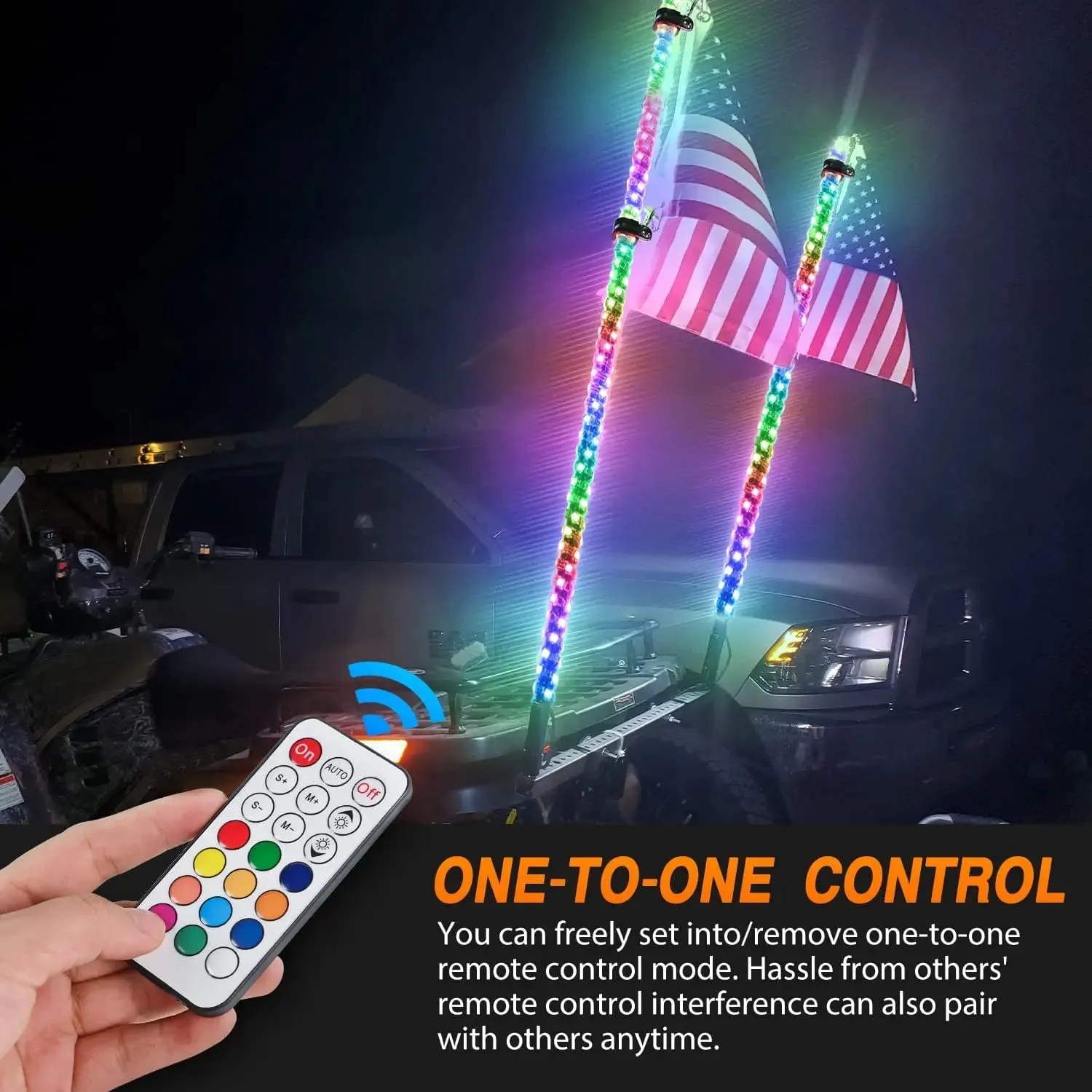 2Pcs 4FT Spiral Antenna Led Whip Light RF Remote Control | 8.6FT Wire 5Pin Switch
