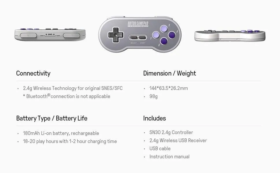 8BitDo SN30 2.4G NT Wireless Gamepad: For Original Super Nintendo SNES / Super Famicom SFC / Analogue Super Nt