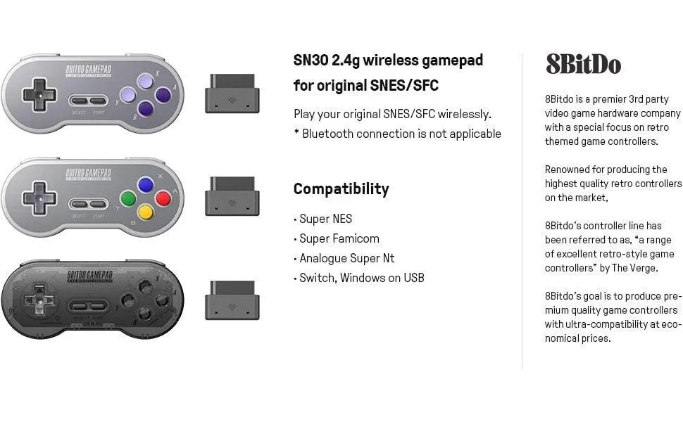 8BitDo SN30 2.4G NT Wireless Gamepad: For Original Super Nintendo SNES / Super Famicom SFC / Analogue Super Nt