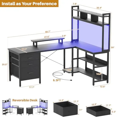 Aheaplus L Shaped Desk with Hutch, Gaming Desk with Led Lights, Reversible Computer Desk with Power Outlet, Corner Desk with File Drawer & Monitor Stand, Storage Shelves for Home Office, Black