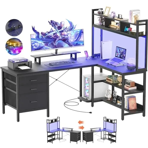 Aheaplus L Shaped Desk with Hutch, Gaming Desk with Led Lights, Reversible Computer Desk with Power Outlet, Corner Desk with File Drawer & Monitor Stand, Storage Shelves for Home Office, Black