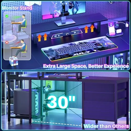 Aheaplus L Shaped Desk with Hutch, Gaming Desk with Led Lights, Reversible Computer Desk with Power Outlet, Corner Desk with File Drawer & Monitor Stand, Storage Shelves for Home Office, Black