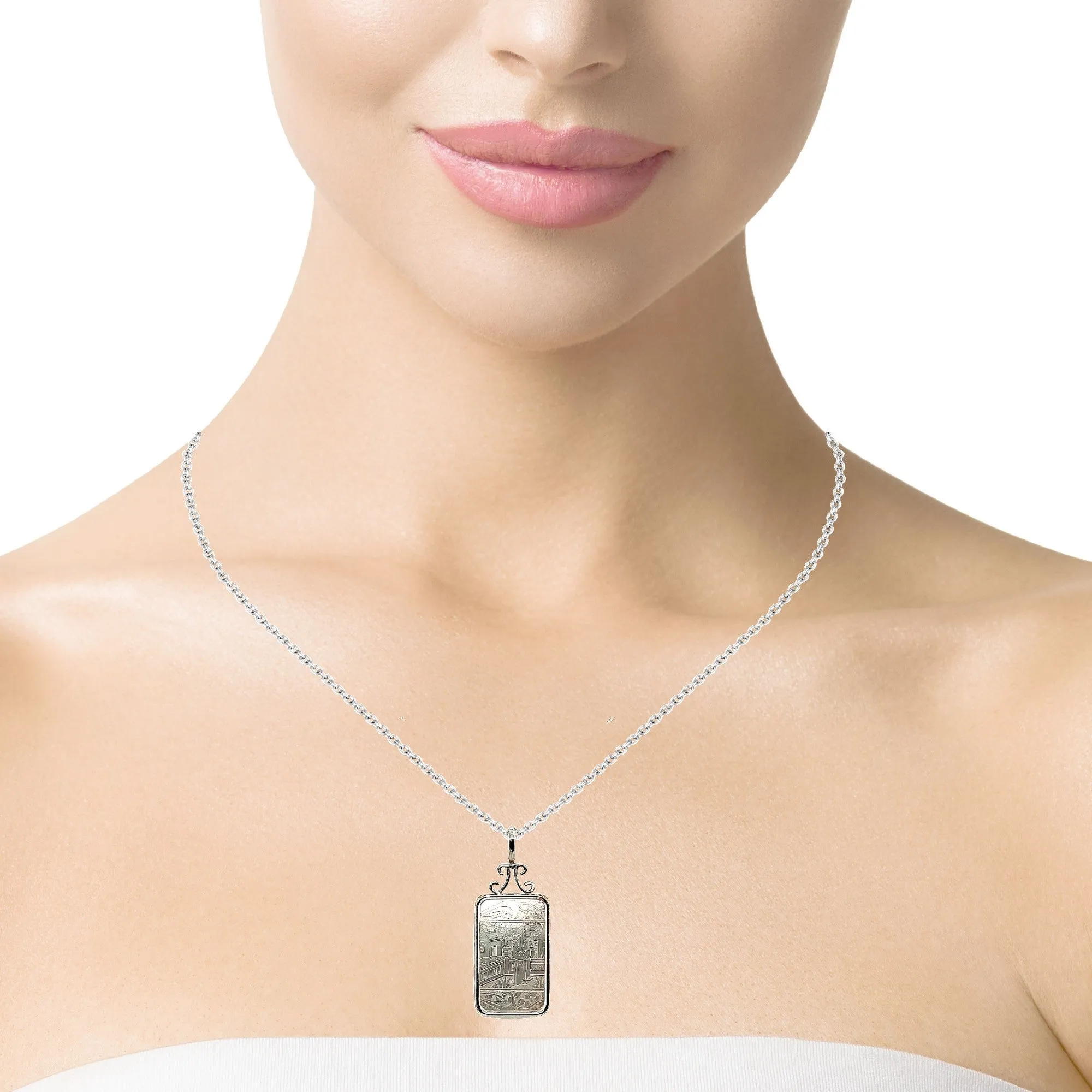 Antique Mother-of-Pearl Gambling Counter White Gold Pendant Enhancer Necklace