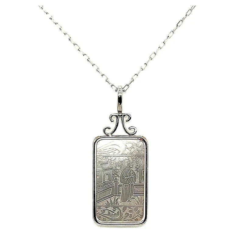 Antique Mother-of-Pearl Gambling Counter White Gold Pendant Enhancer Necklace