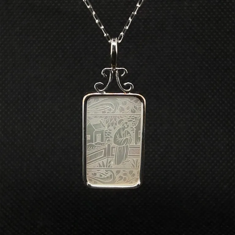 Antique Mother-of-Pearl Gambling Counter White Gold Pendant Enhancer Necklace