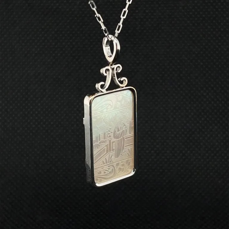 Antique Mother-of-Pearl Gambling Counter White Gold Pendant Enhancer Necklace