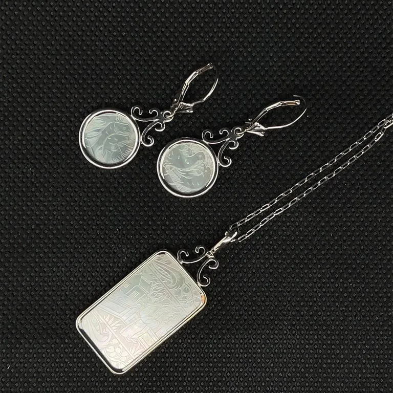 Antique Mother-of-Pearl Gambling Counter White Gold Pendant Enhancer Necklace
