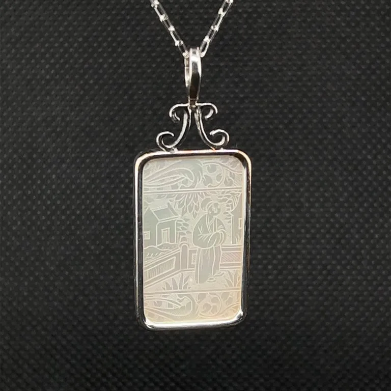 Antique Mother-of-Pearl Gambling Counter White Gold Pendant Enhancer Necklace