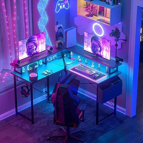 armocity L Shaped Computer Desk with Power Outlets, Small Gaming Desk L Shaped with LED Lights, 40 Inch Corner Desk with Storage Shelves, Work Study Desk for Bedroom, Home Office Small Spaces, Black