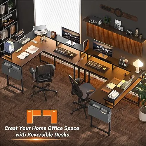 armocity L Shaped Computer Desk with Power Outlets, Small Gaming Desk L Shaped with LED Lights, 40 Inch Corner Desk with Storage Shelves, Work Study Desk for Bedroom, Home Office Small Spaces, Black