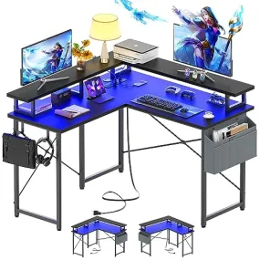 armocity L Shaped Computer Desk with Power Outlets, Small Gaming Desk L Shaped with LED Lights, 40 Inch Corner Desk with Storage Shelves, Work Study Desk for Bedroom, Home Office Small Spaces, Black