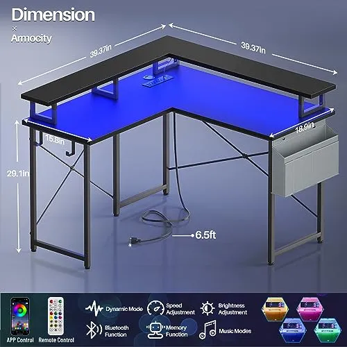 armocity L Shaped Computer Desk with Power Outlets, Small Gaming Desk L Shaped with LED Lights, 40 Inch Corner Desk with Storage Shelves, Work Study Desk for Bedroom, Home Office Small Spaces, Black
