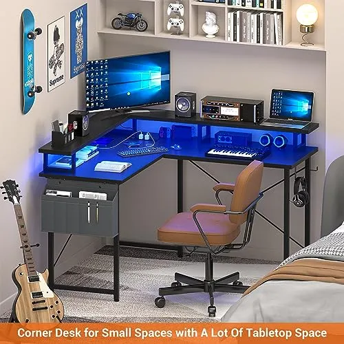 armocity L Shaped Computer Desk with Power Outlets, Small Gaming Desk L Shaped with LED Lights, 40 Inch Corner Desk with Storage Shelves, Work Study Desk for Bedroom, Home Office Small Spaces, Black