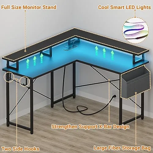 armocity L Shaped Computer Desk with Power Outlets, Small Gaming Desk L Shaped with LED Lights, 40 Inch Corner Desk with Storage Shelves, Work Study Desk for Bedroom, Home Office Small Spaces, Black