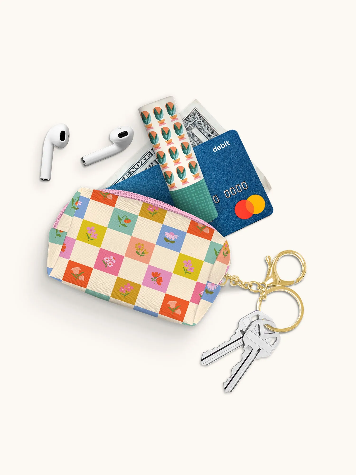 Checkerboard Blooms Key Chain Pouch