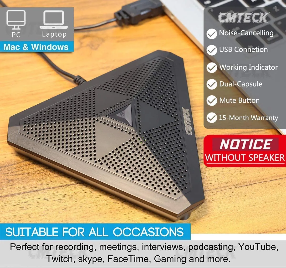 CMTECK USB Desktop Computer CM001 Microphone, Mute Button with LED Indicator, Omnidirectional Condenser Boundary Conference Mic for Recording,Streamin