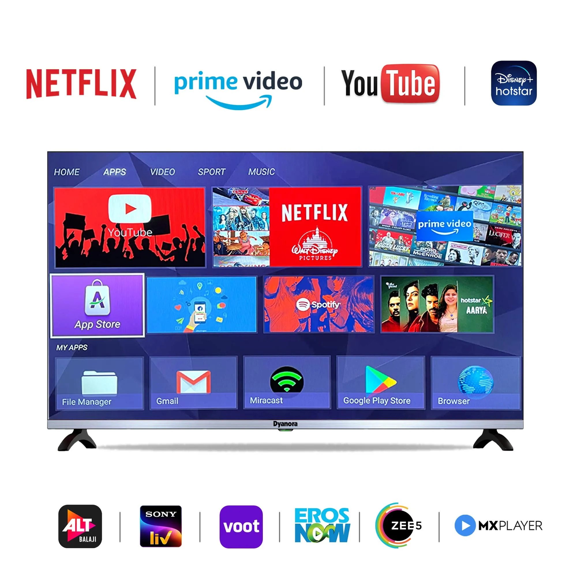 Dyanora 109 cm (43 inch) Full HD LED Smart Android TV with Noise Reduction, Android 9.0, Voice Assistant, Powerful Audio Box Speakers (DY-LD43F2S)