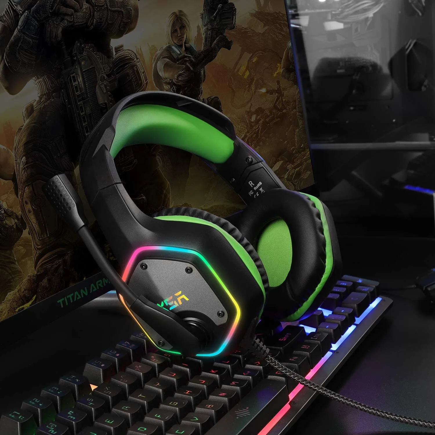 EKSA E1000 7.1 Surround Sound Gaming Headset With Microphone For PS4/Xbox-One/PC Gamer Stereo USB Wired Headphone RGB LED Light (Green, Gray)
