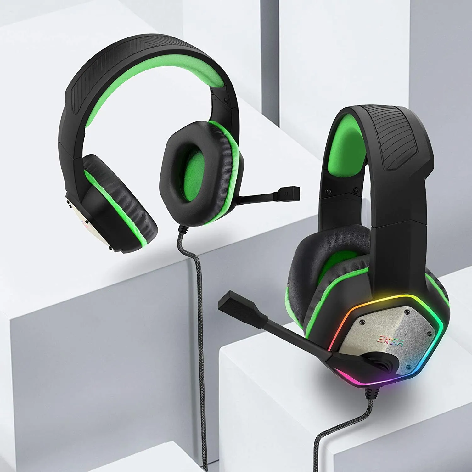 EKSA E1000 7.1 Surround Sound Gaming Headset With Microphone For PS4/Xbox-One/PC Gamer Stereo USB Wired Headphone RGB LED Light (Green, Gray)
