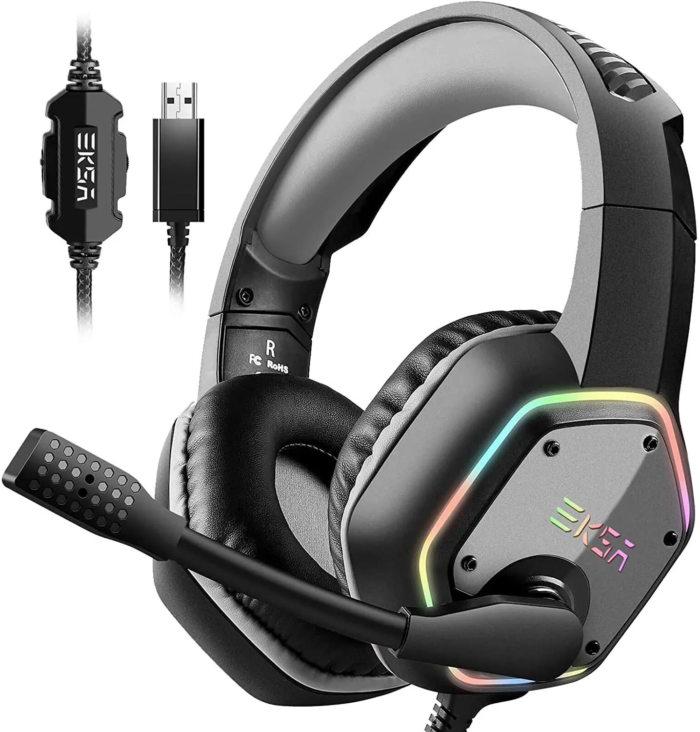 EKSA E1000 7.1 Surround Sound Gaming Headset With Microphone For PS4/Xbox-One/PC Gamer Stereo USB Wired Headphone RGB LED Light (Green, Gray)