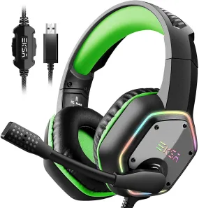 EKSA E1000 7.1 Surround Sound Gaming Headset With Microphone For PS4/Xbox-One/PC Gamer Stereo USB Wired Headphone RGB LED Light (Green, Gray)