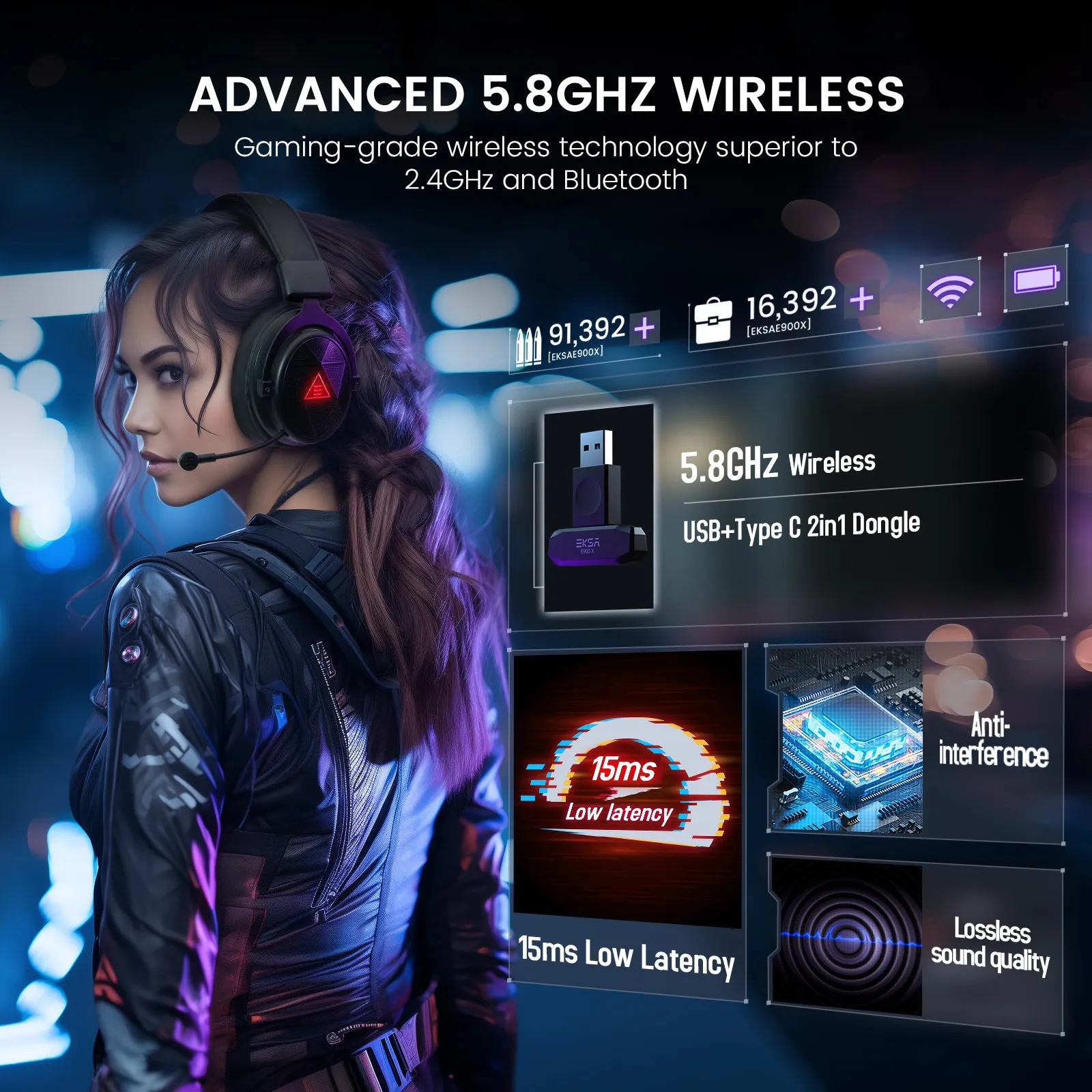 EKSA® E900 X 5.8 GHz Ultra Low-Latency Wireless Gaming Headset