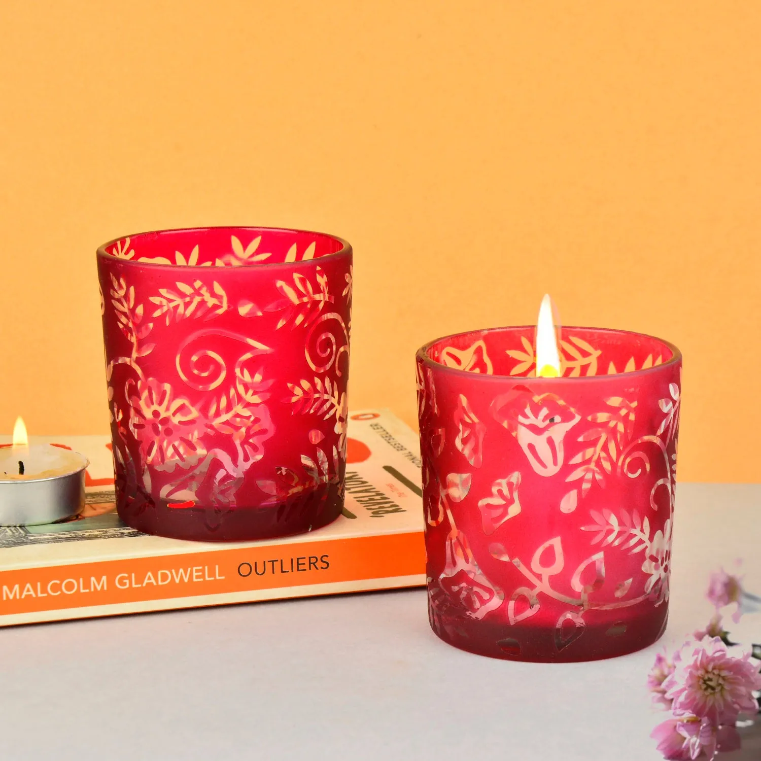 Etched Red Glass T-light Candle Holder Set – (Set of 2)