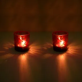 Etched Red Glass T-light Candle Holder Set – (Set of 2)