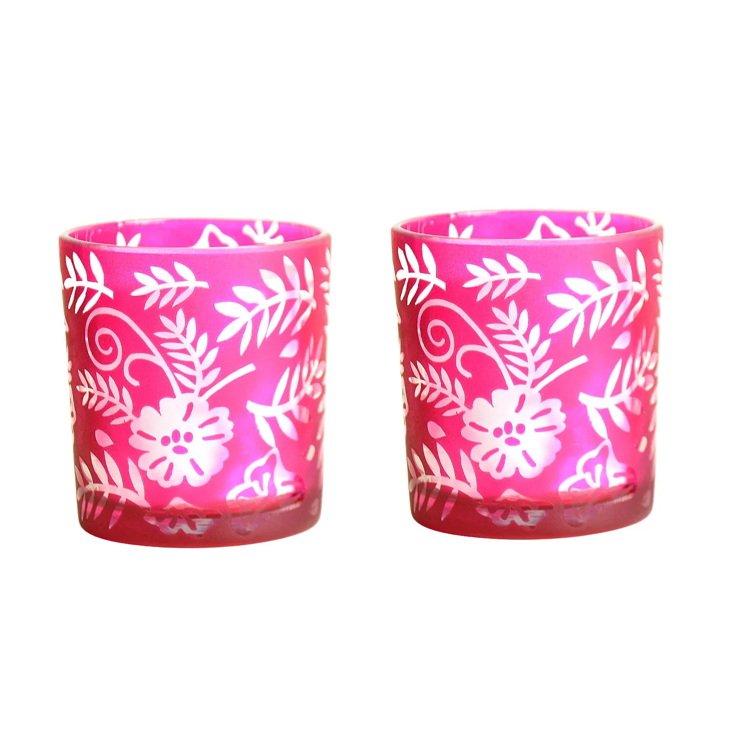Etched Red Glass T-light Candle Holder Set – (Set of 2)
