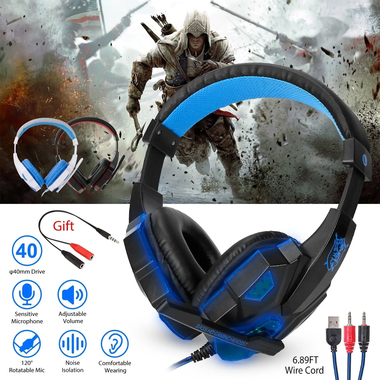 Gaming Headsets Stereo Bass Over Ear Headphones with LED Light Earmuff