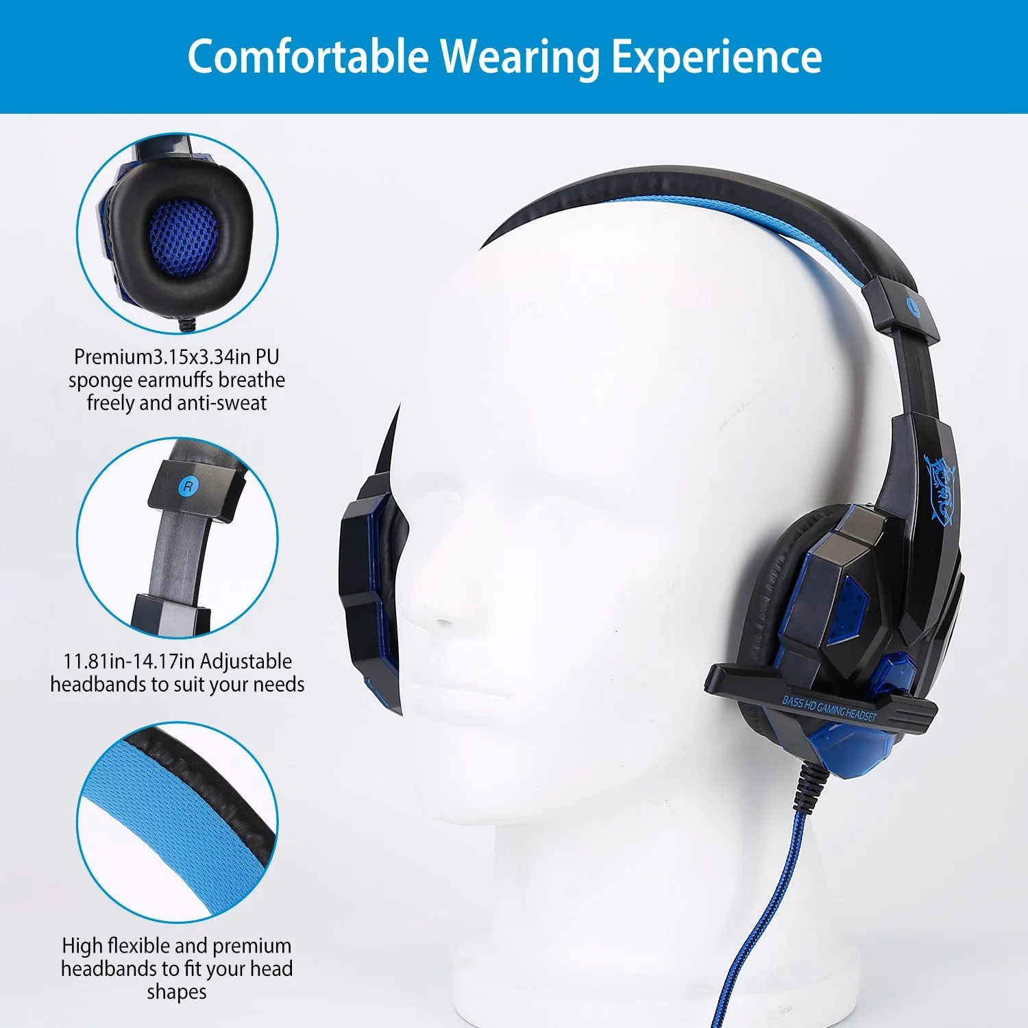 Gaming Headsets Stereo Bass Over Ear Headphones with LED Light Earmuff