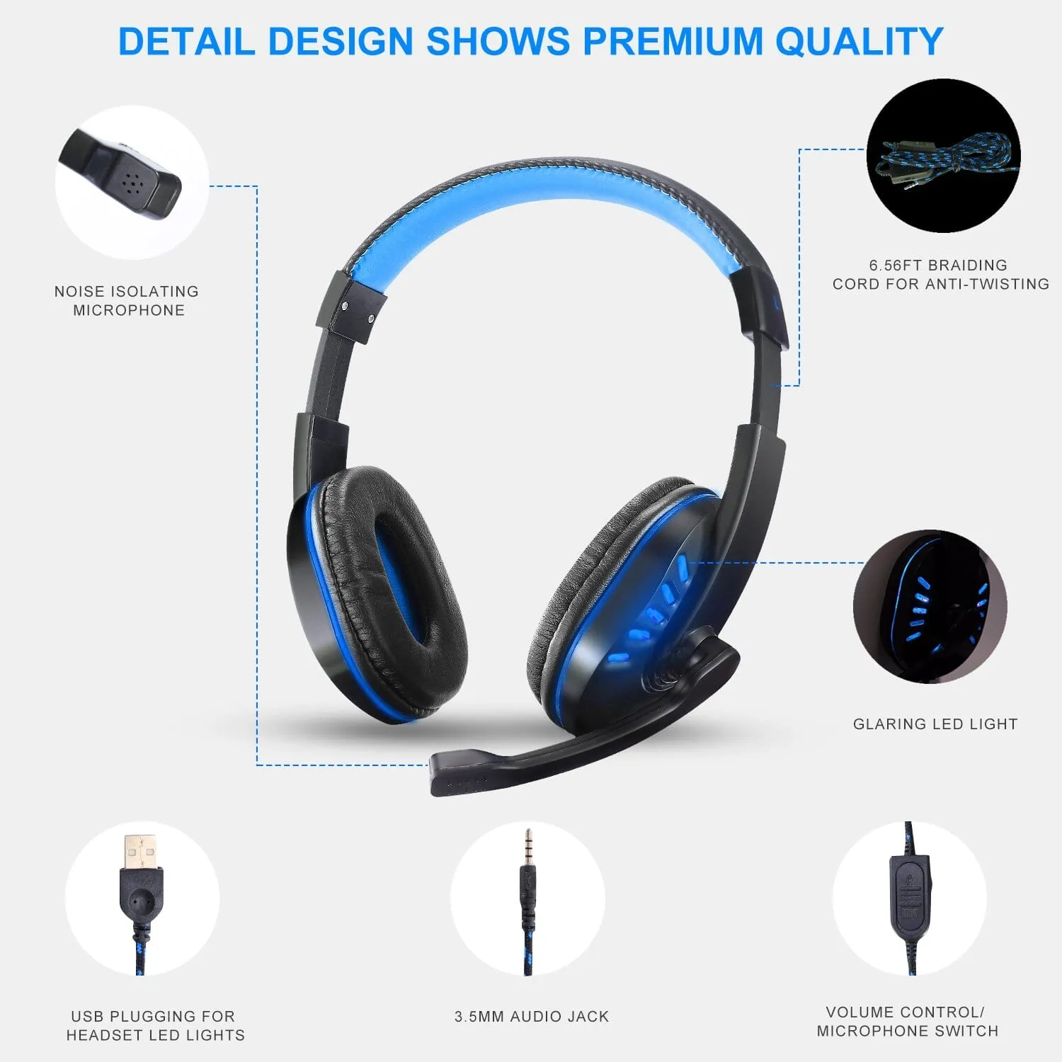 Gaming Headsets Stereo Noise Isolation Over Ear Headphone with LED Light
