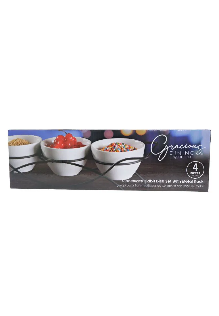 Gracious Dining by Gibson 4 Piece Stoneware Tidbit Dish Set with Metal Rack - Round