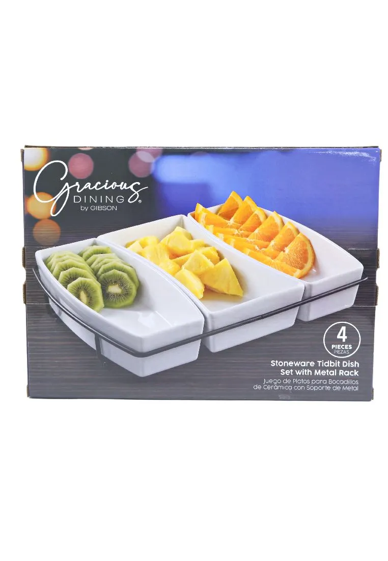 Gracious Dining by Gibson 4 Piece Stoneware Tidbit Dish Set with Metal Rack