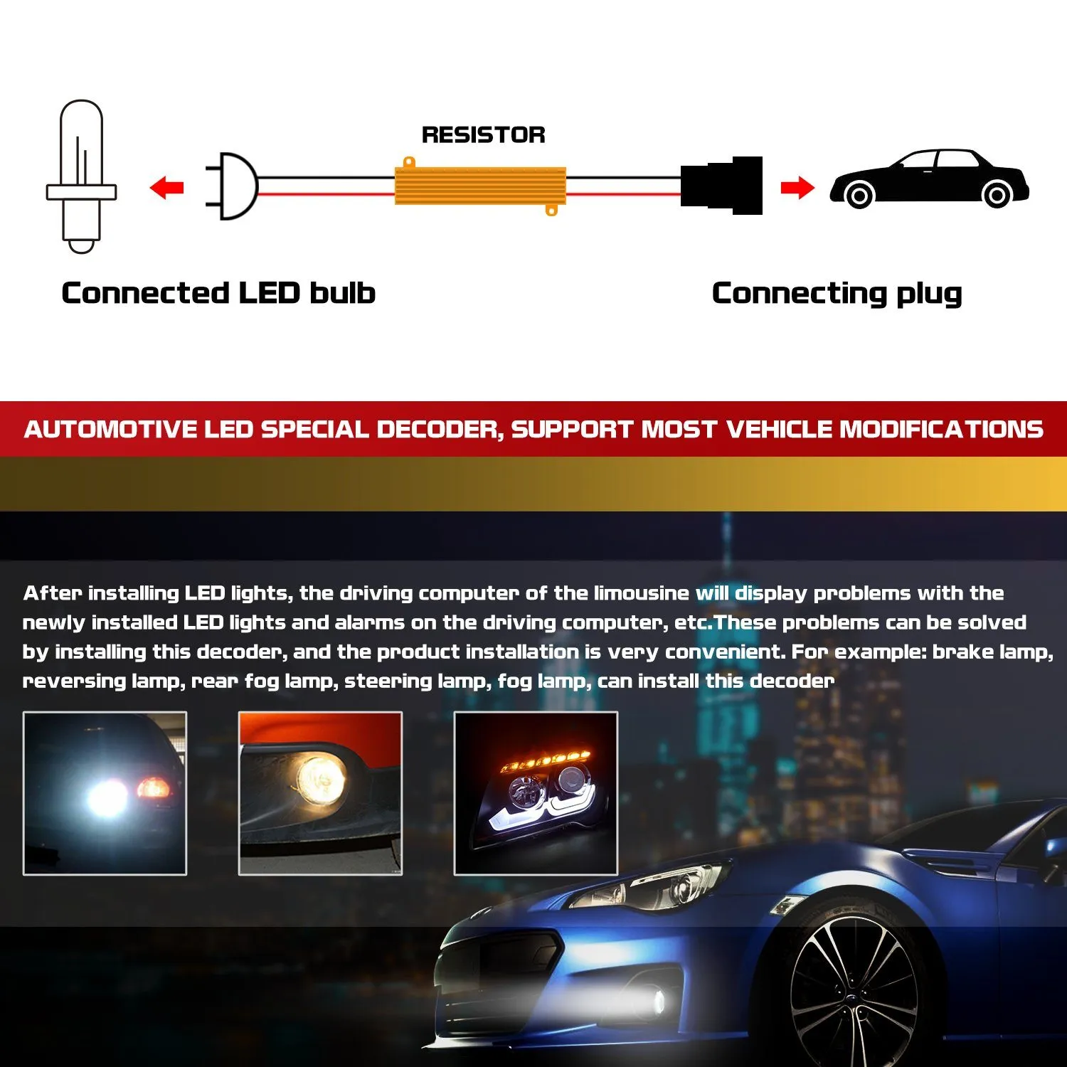 H11 (H8 H9) HID & LED 50W 6Ohm Resistor Relay Kit Wiring Harness Adapter