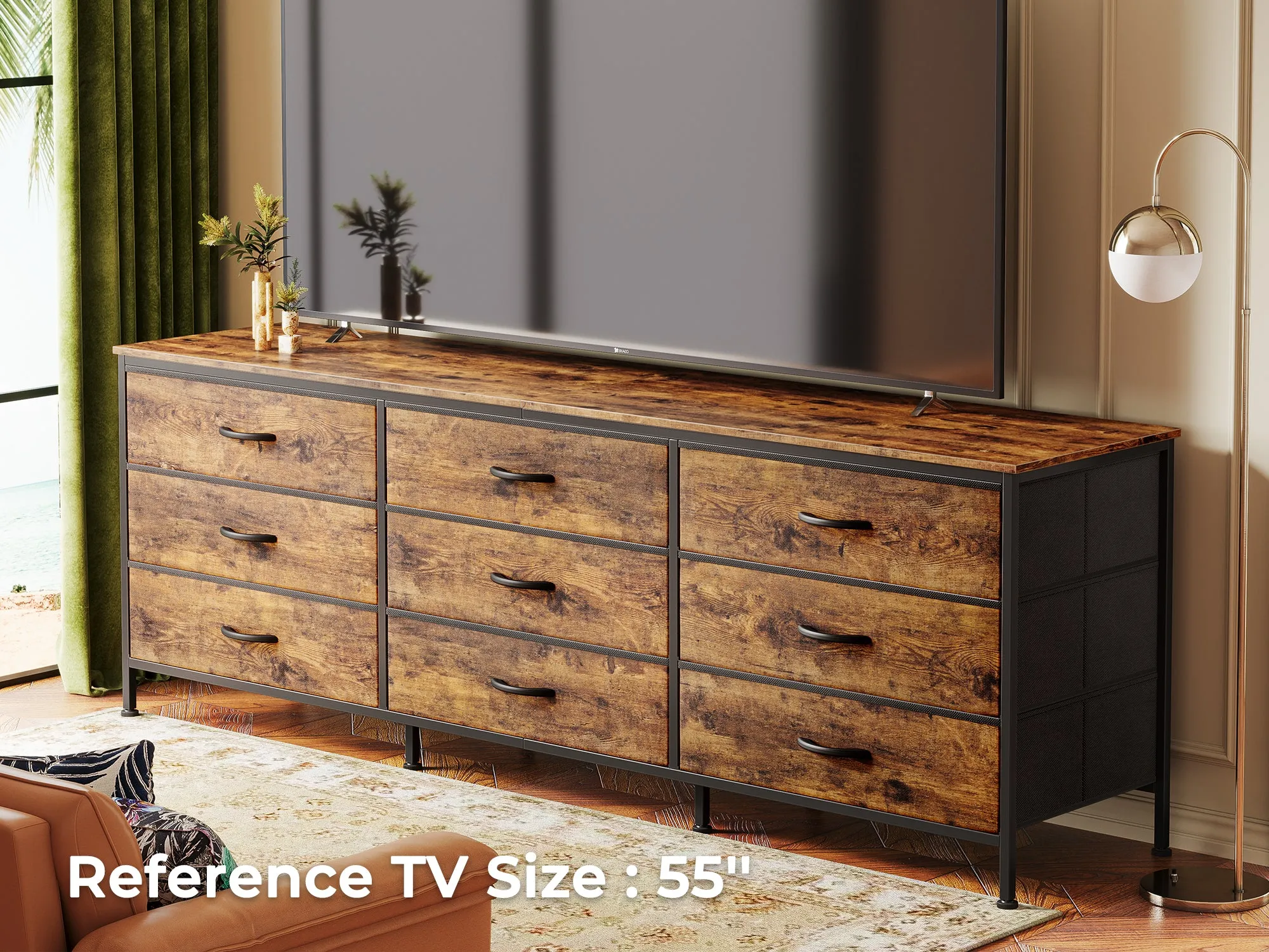 Huuger 9 Drawer Dresser, 63 Inch Dresser TV Stand for 55, 65, 70 Inch TV, Entertainment Center with Drawers, Large Long Fabric Dresser for Bedroom, Closet, Rustic Brown