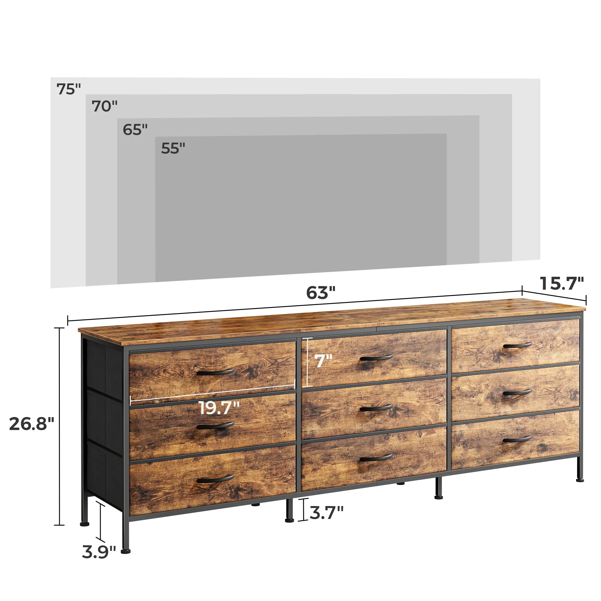 Huuger 9 Drawer Dresser, 63 Inch Dresser TV Stand for 55, 65, 70 Inch TV, Entertainment Center with Drawers, Large Long Fabric Dresser for Bedroom, Closet, Rustic Brown