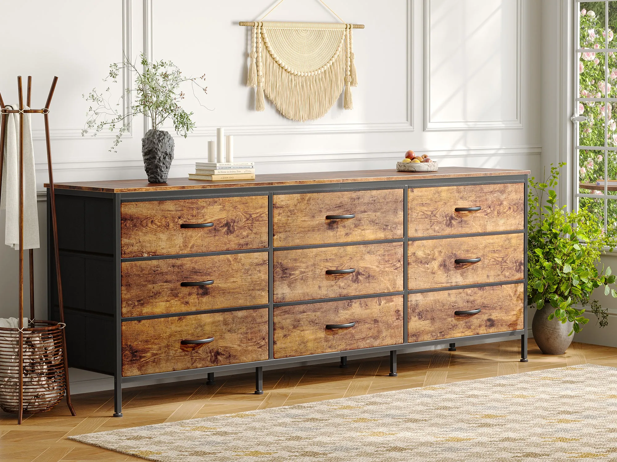 Huuger 9 Drawer Dresser, 63 Inch Dresser TV Stand for 55, 65, 70 Inch TV, Entertainment Center with Drawers, Large Long Fabric Dresser for Bedroom, Closet, Rustic Brown