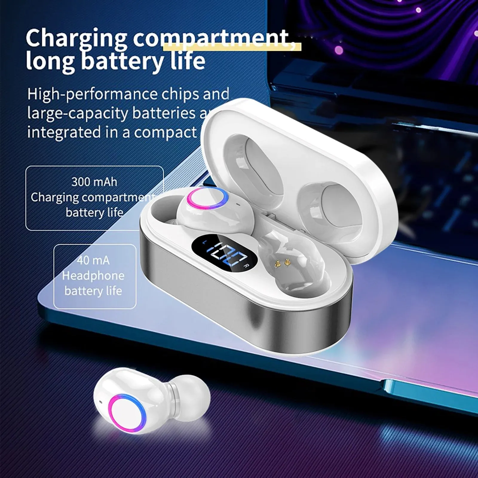 Kids Headphones Bluetooth 5.2 Wireless Headset Ipx5 Waterproof Wireless Bluetooth Earplugs with Digital Display Charging Compartment Heavy Bass and in Ear Microphone Earbuds Pack Ear Buds W
