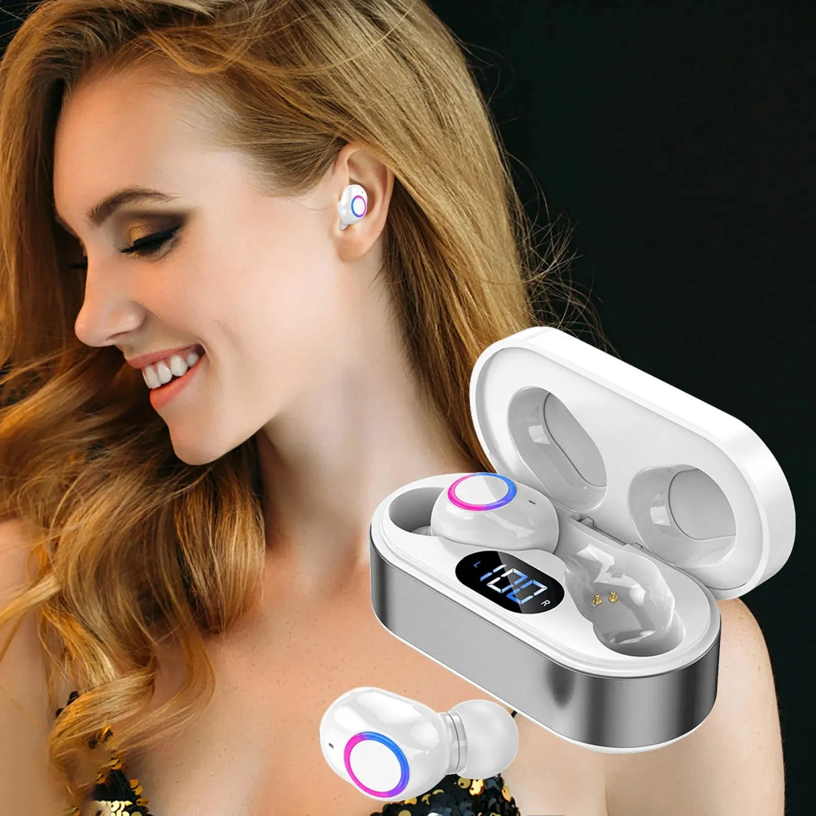 Kids Headphones Bluetooth 5.2 Wireless Headset Ipx5 Waterproof Wireless Bluetooth Earplugs with Digital Display Charging Compartment Heavy Bass and in Ear Microphone Earbuds Pack Ear Buds W