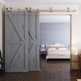 Low Profile Bypass Barn Door Hardware Kit, Brushed Nickel Finish