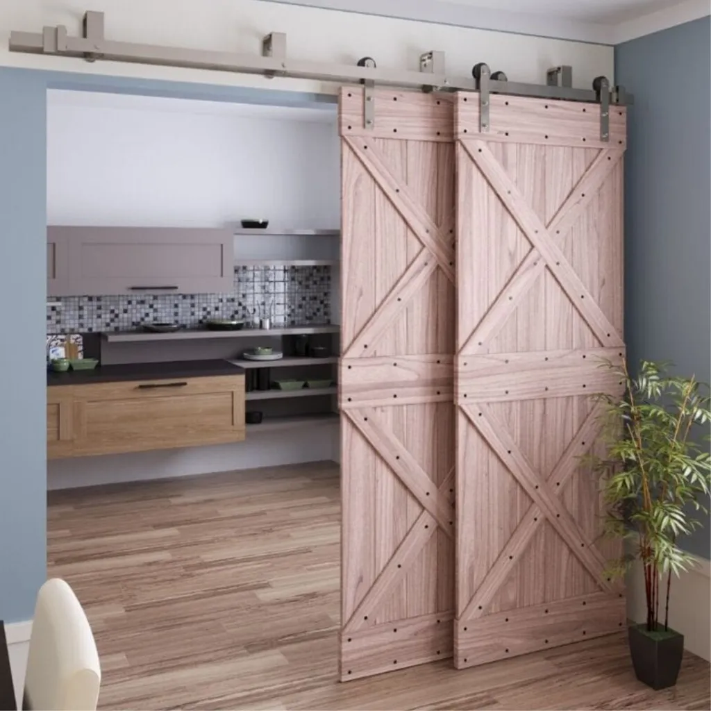 Low Profile Bypass Barn Door Hardware Kit, Brushed Nickel Finish
