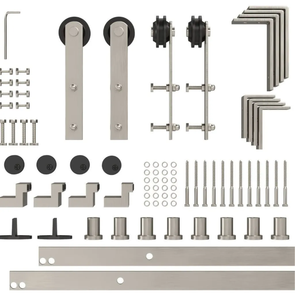Low Profile Bypass Barn Door Hardware Kit, Brushed Nickel Finish