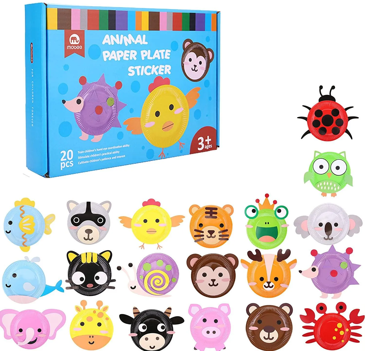Mobee Animal Paper Plate Sticker with 20 Plates and Cards Kids DIY Craft Kits Art Training Play Toys