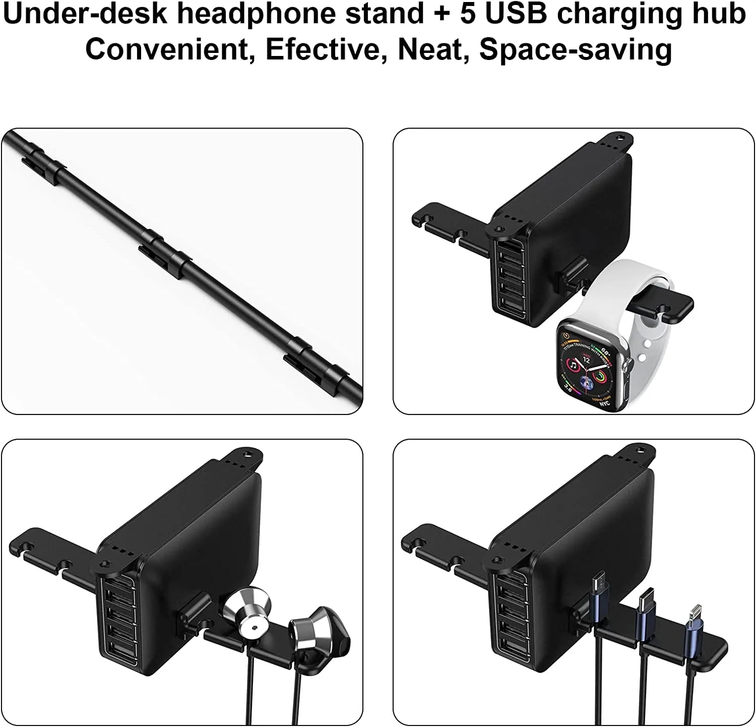 PC Gaming Headphone Headset Holder Hanger Hook Stand, HORUMP Dual Headphone Stand under Desk with 5 Ports USB Charging Station, Suitable for Gamer Earphone Accessories as Boyfriend, Son, Husband Gifts