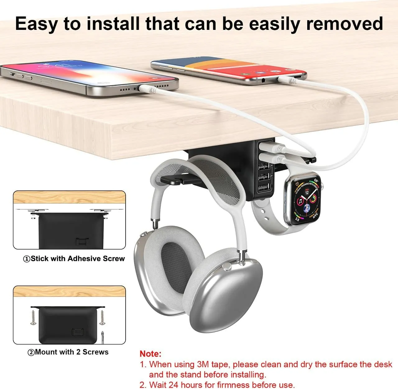 PC Gaming Headphone Headset Holder Hanger Hook Stand, HORUMP Dual Headphone Stand under Desk with 5 Ports USB Charging Station, Suitable for Gamer Earphone Accessories as Boyfriend, Son, Husband Gifts