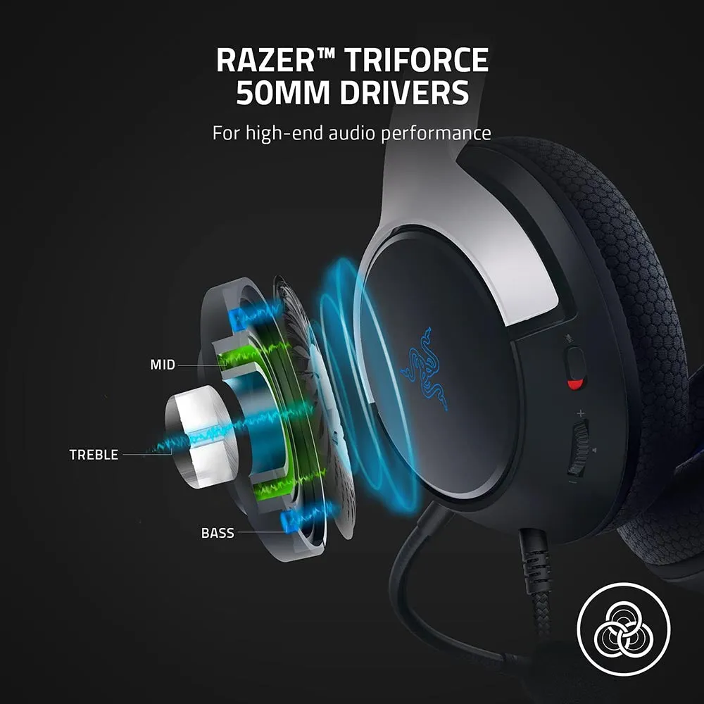 Razer Headset Kaira X Wired Headset for Playstation 5, PC, Mac & Mobile Devices: Triforce 50mm Drivers - HyperClear Cardioid Mic - Flowknit Memory Foam Ear Cushions - On-Headset Controls - White/Black