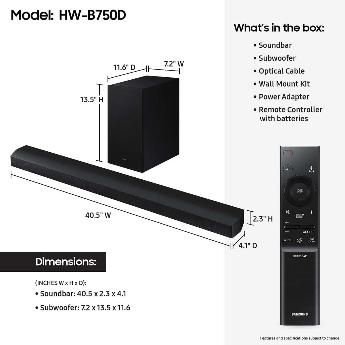 Samsung HW-B750D 5.1-Channel Soundbar with Wireless Subwoofer (Black)