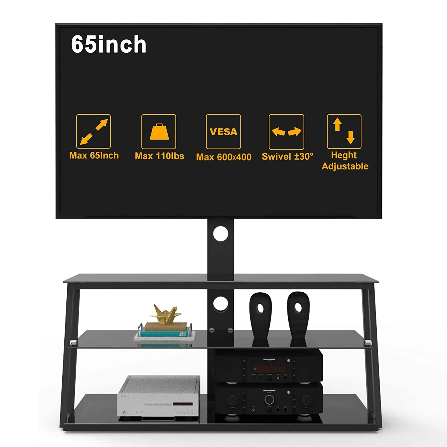 Swivel Floor TV Stand with Angle and Height Adjustable Tempered Glass TV Stand